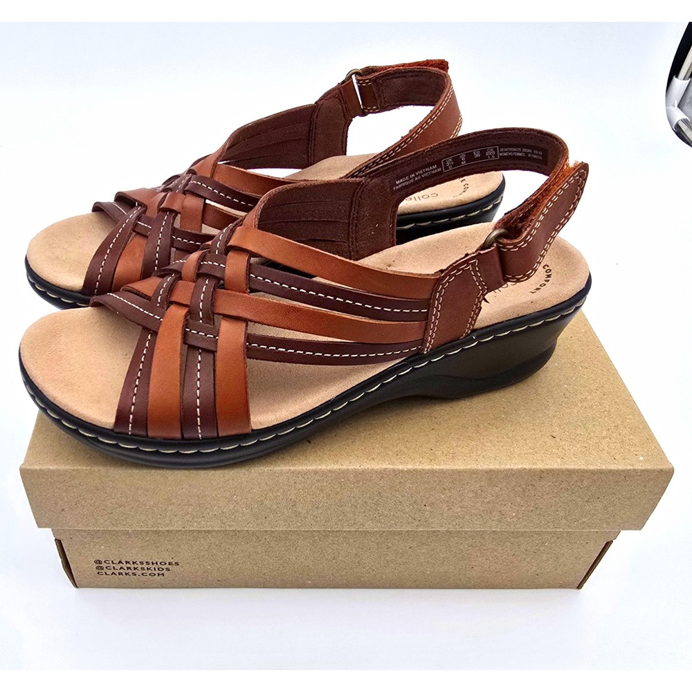 Clarks Women's Tan Leather Strappy Wedge Sandals Hook & Loop Size 6 M EU 36 new